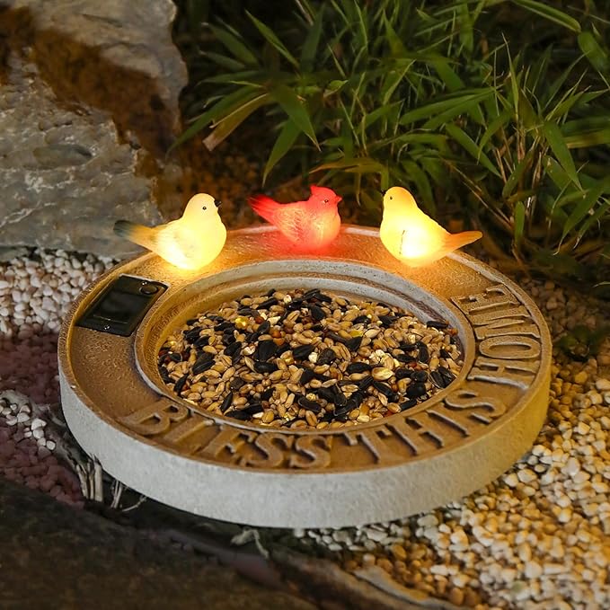 MUMTOP Bird Baths for Outdoors, Outdoor Garden Birdbath Bowl Resin Bird Baths and Feeder with Solar Birds Ornament for Outside Yard Table Decor