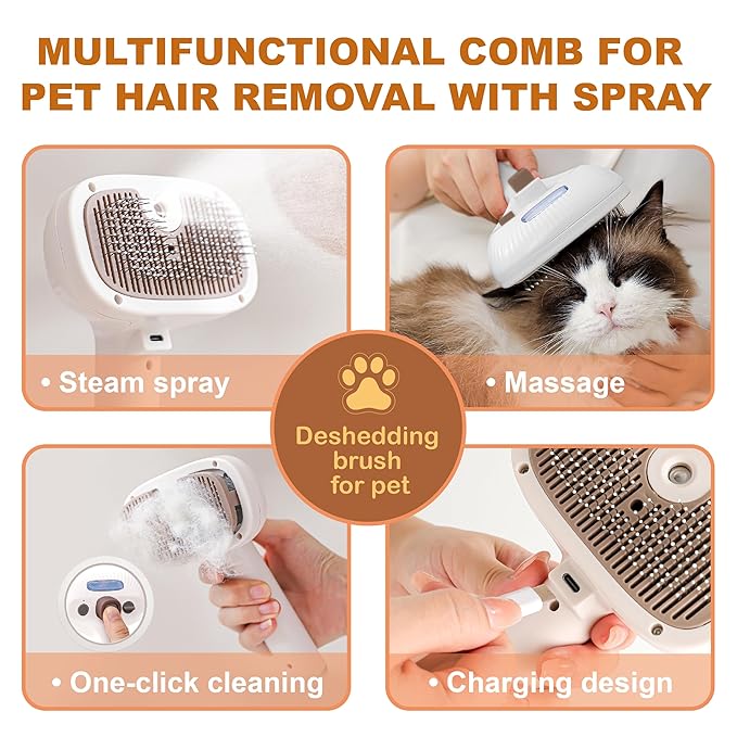 Cat Steam Brush for Indoor Cats, Dog Brush for Shedding, Spritz Defur Comb for Short & Long Hair, Pet Spray Hair Removal Comb, USB Rechargeable Grooming Supplies Steam Brush for All Pets (White)