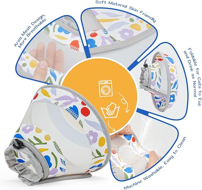Breathable Air Mesh Cat Cone Collar Soft to Stop Licking, Adjustable, Foldable Lightweight Kitten Cones After Surgery Recovery for Cats & Kittens (Flower,S)