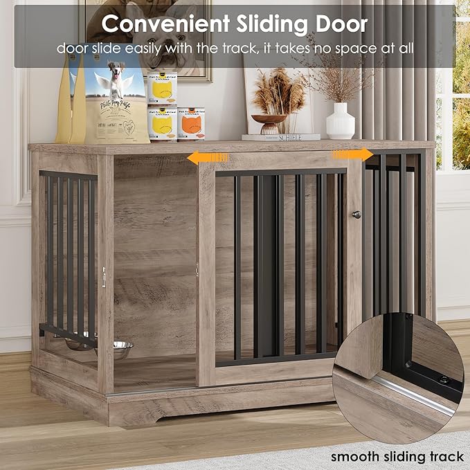 Dog Crate Furniture 47” Large Dog Kennel for Dogs Indoor, Heavy Duty Dog Cage with Sliding Door and 2 SUS Bowls Wooden End Table in Living Room for Small Medium Large Dogs, Rustic