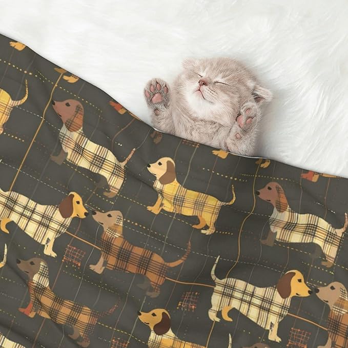 Waterproof Dog Blanket Soft Pet Blanket for Puppy Cat, Fleece Cat Throw Blankets for Furniture Bed Couch Sofa Reversible - Plaid Dachshund 3