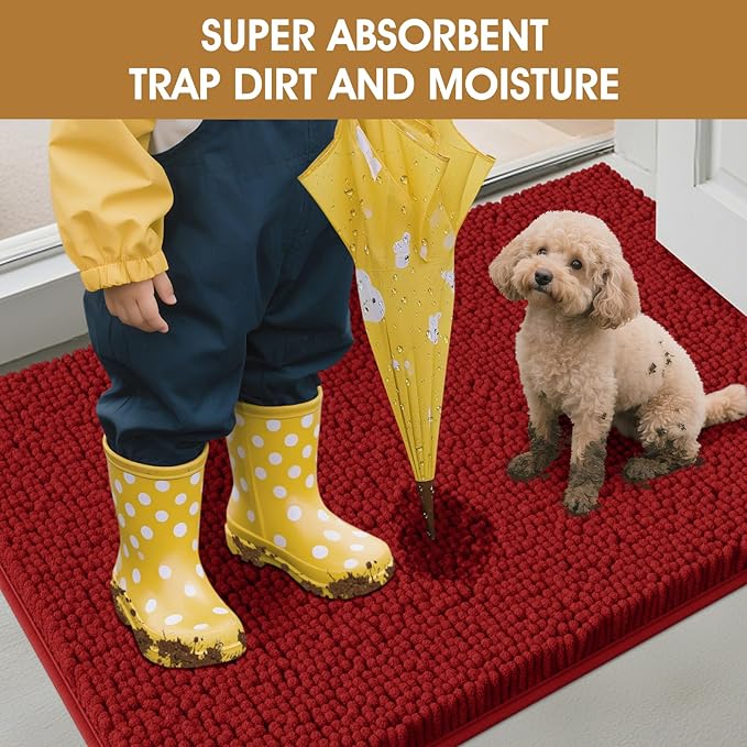 IM HOME Extra Large 71" x 25" Red Dog Door Mats for Muddy Paws, Chenille Absorbent Dog Mat, Non Slip Heavy Mud Mat for Dogs, Soft Pet Bed Mat for Entryway, Mud Paws, Inside Floor