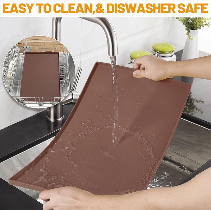 Hubulk Dog Feeding Mat,100% Waterproof Food Grade Silicone Pet Food and Water Bowl Placemat,Dishwasher, High Raised Edge to Prevent Spills,Nonslip Tray to Stop Messes on Floor（32"x24"x1.0", Brown）