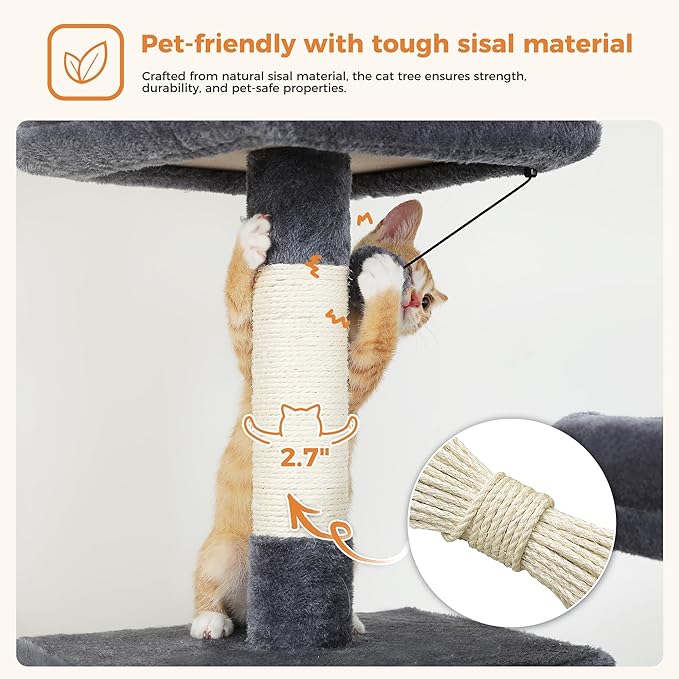 PAWZ Road 70 Inch Cat Tower, Tall Cat Tree with 2 Cozy Condos, 2 Plush Perch, Large Basket, 2 Scraching Pad & 6 Scraching Posts for Indoor Cats Large Adult, Dark Gray