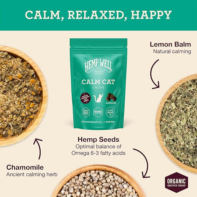 Hemp Well Calm Cat Soft Chews - Anxiety & Stress Relief Formula, Organic Ingredients, Soothes & Relaxes, Improves Behavior, 60 Count