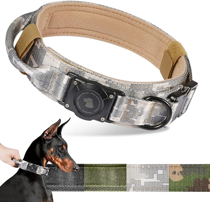 2026 Upgrade Waterproof AirTag Dog Collar, Military Tactical Dog Collar with AirTag Holder, Comfortable Control Handle and Metal Buckle, GPS Dog Collar Holder for Medium to Large Dog(Digital camo, M)
