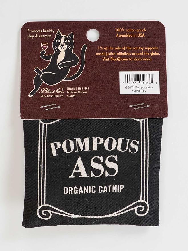 Blue Q Catnip Cat Toy, Pompous. Premium Organic Catnip Grown in The USA, 100% Cotton Pouches, Kitty Graphics Sure to Delight Every Cat-Keeper.