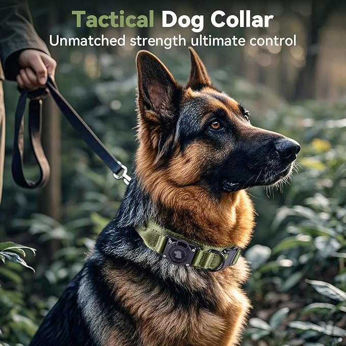 2025 Upgrade Waterproof AirTag Dog Collar, Military Tactical Dog Collar with AirTag Holder, Comfortable Control Handle and Metal Buckle, GPS Dog Collar Holder for Medium to Large Dogs (ArmyGreen, XL)
