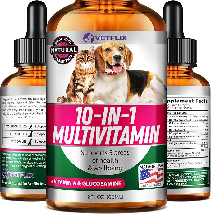 Pet Vitamins 10 in 1 - Made in USA - Glucosamine for Dogs & Cats - Dog Supplement for Pet Joint Health - Natural Cat, Dog Multivitamin - All Ages & Breeds - Folic Acid for Cats & Dogs Immune - 2 Fl Oz