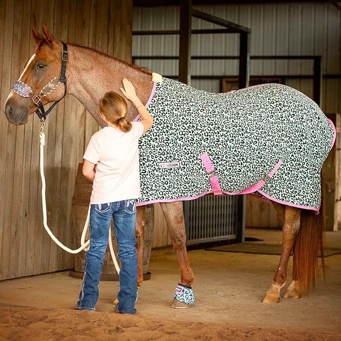 Jeffers Expression Fleece Cooler for Horses, Standard Neck, Party Cheetah 84"- Equine Towel Blanket, Moisture Absorbent, Light Weight, Best for Drying, Exercise, Bathing, Adjustable Belly Bands