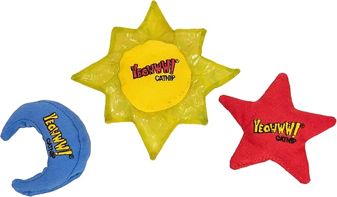 YEOWWW Catnip Cat Toy for Indoor and Outdoor Cats -Premium Quality Strong Catnip Toys for Cats (1x Crinkle Catnip Toy Sun 1 x Moon 1x Star)