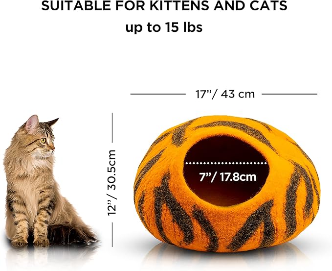 Woolygon Premium Felt Cat Cave Bed – Wool Kitty Beds Handcrafted Kitten Caves Bed for Indoor Cats - Made from 100% Eco-Friendly Merino Wool, Foldable Cat Hidewawy Covered Cat House Pod