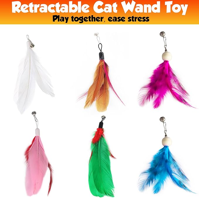 Retractable cat wand toys, 14PCS teaser refills-feather & worm refills and chirping mouse toy, interactive cat teaser toys for indoor cats, fishing pole games for bored indoor kitten exercise & play