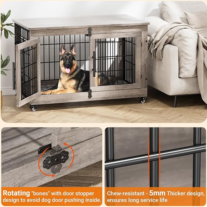 Lulive Dog Crate Furniture Set of 2, Dog Kennel Indoor Double Doors Wooden Dog Cage, 38'' Heavy Duty Dog Crate with Cushion & Wheels, End Table Pet House Chew-Resistant Up to 70 lb, Grey