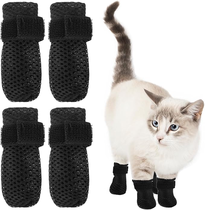 4Pcs Cat Shoes, Anti Scratch Cats Claw Covers, 3.62×1.57 Inches Breathable Mesh Nail Caps for Cats Claws, Adjustable Cat Mittens for Pet Bathing Feeding Cutting Nails(Black)