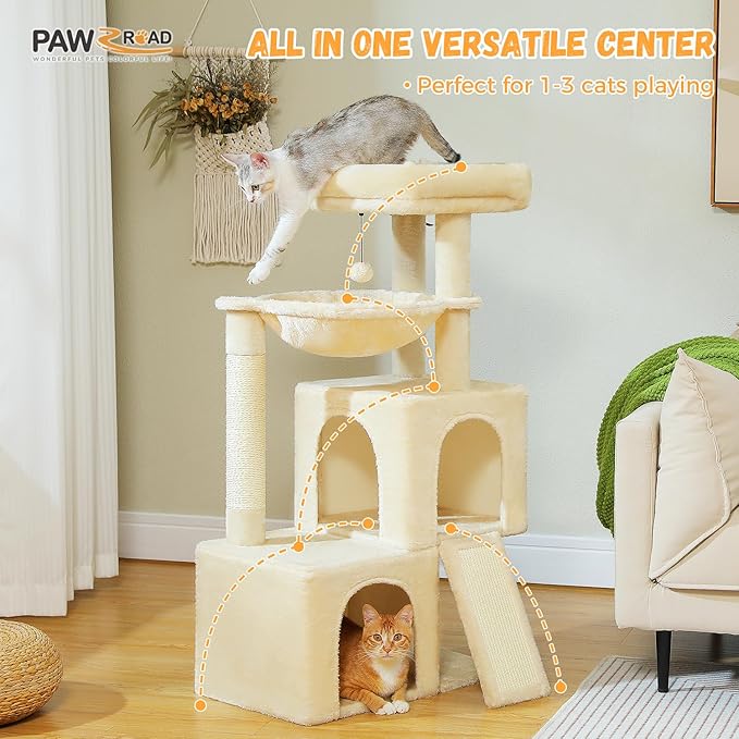 PAWZ Road Large Cat Tree, 41 Inches Multi-Level Cat Tower with 2 Spacious Condos for Indoor Cats, Large Cat House with Comfy Hammock, Padded Perch, Scratching Pad and Replaceable Balls