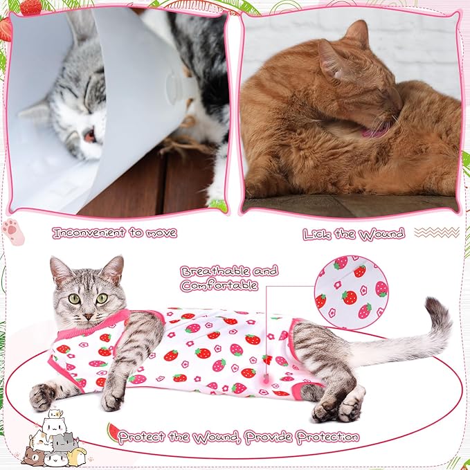 Nuanchu 3 Pieces Cat Recovery Suit Kitten Recovery Suit E-Collar Alternative for Cats and Dogs Abdominal Skin Anti Licking Pajama Clothes Sets(Strawberry Pattern,Small)
