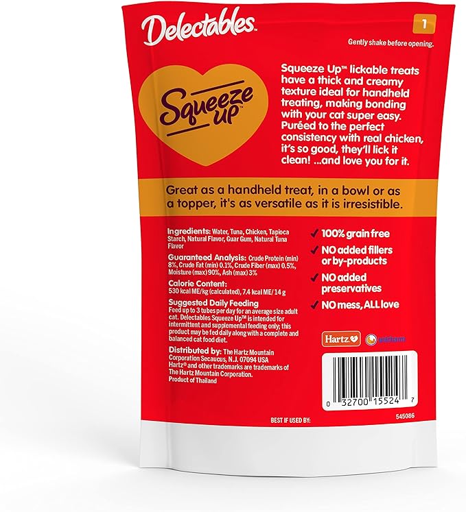 Hartz Delectables Squeeze Up Interactive Lickable Wet Cat Treats for Adult & Senior Cats, Tuna & Salmon, 4 Count(Pack of 8)