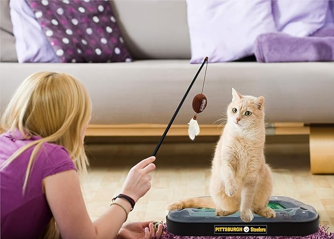 Pets First BEST CAT TOY Pittsburgh Steelers Football Field CAT Scratcher Toy with Catnip Filled Plush Football Toy&Feather Cat Toy Hanging, Jingle Bell Interactive Ball Cat Chasing 5-in-1 Kitty Toy