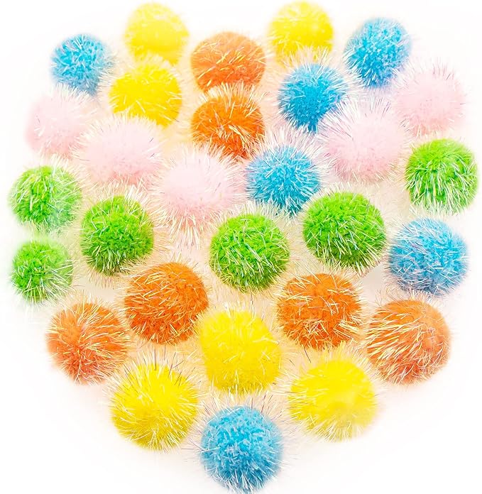 VAPKER 30 Pcs Cat Toys - Extra Large 2 Inch Sparkle Balls, Cat's Favorite Chase Glitter Tinsel Pom Poms, Assorted Colors
