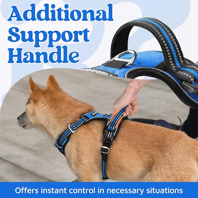 rabbitgoo Dog Harness Medium Sized, No Pull Dog Vest with 3 Buckles, Adjustable Soft Padded Pet Harness with Easy Control Handle and Reflective Strips, Blue, M