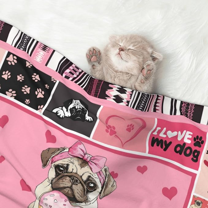 Pug Blanket for Dog - Pink Paw Print Throw Blanket 30x20 Pet Blanket for Couch Sofa Bed