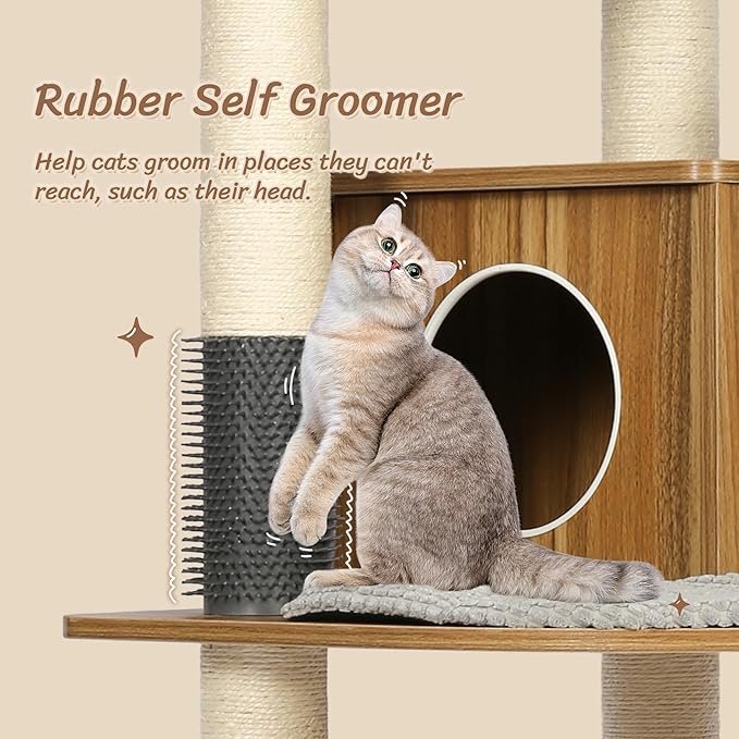 KAMABOKO Tall Wood Cat Tree, 69” Large Cat Tower Multi-Level Platforms with Sisal Scratching Posts, Cat Tree for Large Cats 20 lbs Heavy Duty, Cat Condo Furniture for Active Cats
