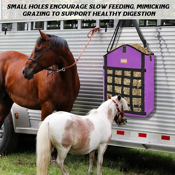 Innovative Hay Bags for Horses, Goat Hay Feeder with Reinforced Oxford Fabric and High Strength Metal Clasp,Horse Feeding Supplies with Adjustable Strap for Easy Hanging (2Purple+1Black)