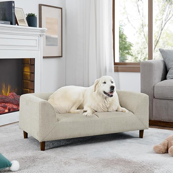 Dog Sofa Couch for Medium to Large Dogs, Memory Foam Dog Sofa Bed, Modern Elevated Pet Couch Bed with Wooden Legs for Medium and Large Dogs, Dark Beige