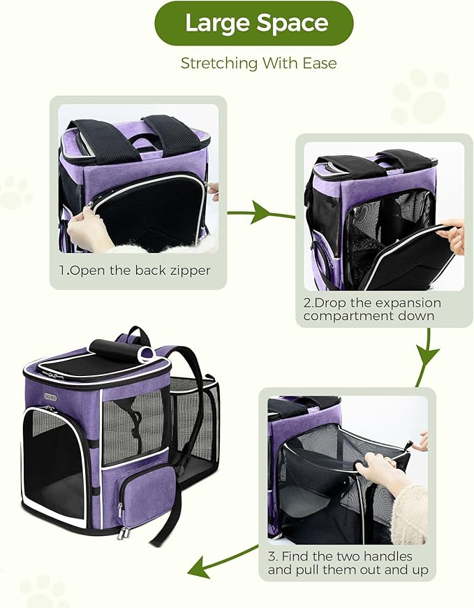 BAGLHER Expandable Cat Carrier Backpacks, Retractable Pet Carrier Backpack for Small Dogs & Cats with Breathable Mesh, Travel Bag Up to 18 Lbs for Hiking Camping Outdoor - Purple