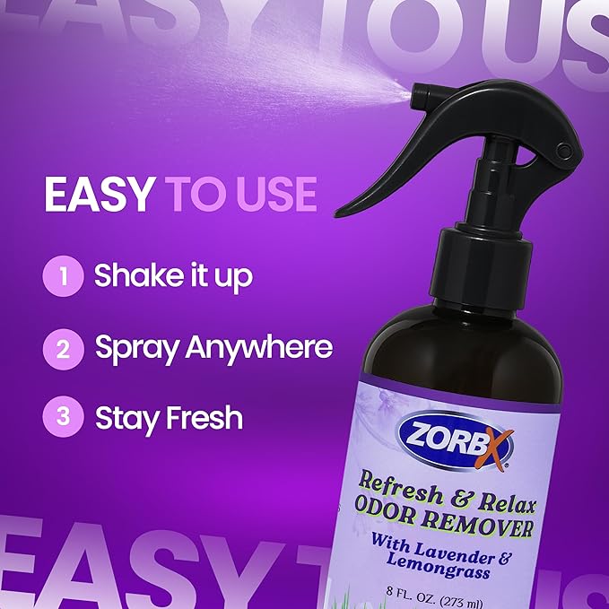 ZORBX Refresh & Relax Odor Remover Spray with Lavender & Lemongrass 8 Oz (Pack of 2) – Permanent Solution Room Freshener & Air Freshener Spray for Home, Bathroom, Furniture, Carpet, Car, Gym & Laundry