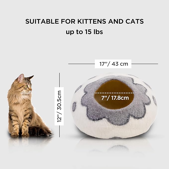 Woolygon Premium Felt Cat Cave Bed – Wool Kitty Beds Handcrafted Kitten Caves Bed for Indoor Cats - Made from 100% Eco-Friendly Merino Wool, Foldable Cat Hidewawy Covered Cat House Pod (Flower Collar)