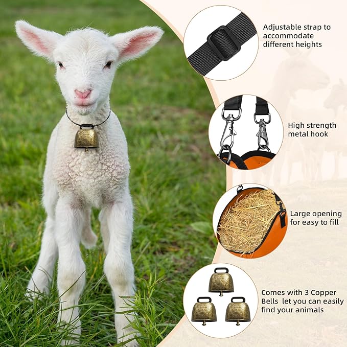 3 PCS Goat Hay Feeder,Hay Bags for Horses,Goats,Donkeys with Reinforced Oxford Fabric and High Strength Metal Clasp,Horse Feeding Supplies with Adjustable Strap for Easy Hanging (2Orange+1Black)