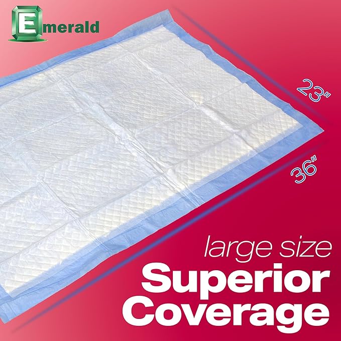 Emerald Incontinence Underpads, 50 Pads, Waterproof Plastic Backing, Highly Absorbent Cotton Fluff, Non-Skid, for Bedwetting, Pets, Seniors