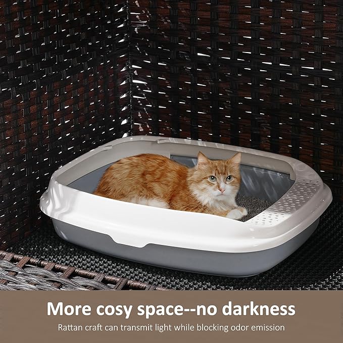 Cat Litter Box Enclosure with Soft Litter Mat; Hidden Cat Washroom Furniture with Door; Handwoven Rattan Cat House with Large Space; Pet Crate for Living Room, Bedroom, Balcony (Brown)