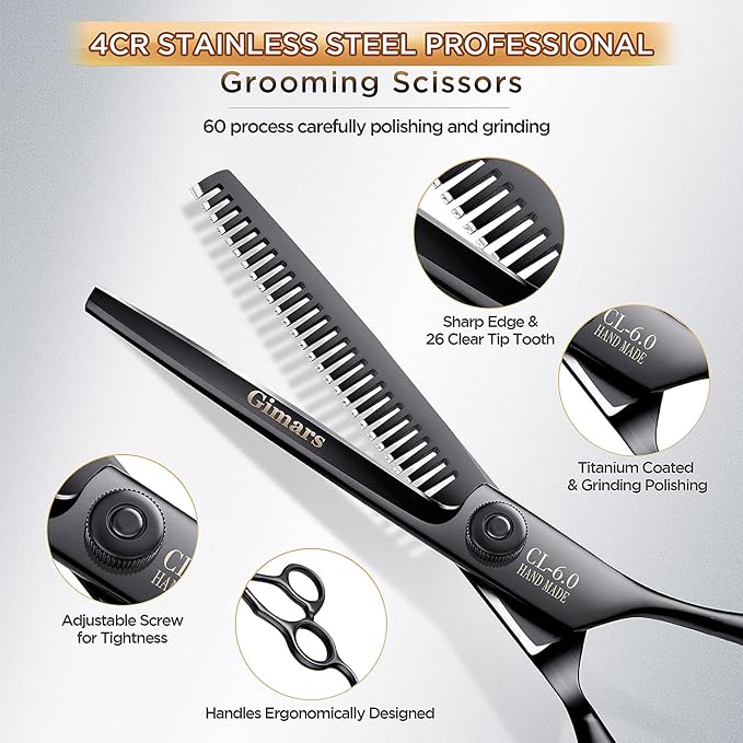 Gimars 7inch Professional 4CR Stainless Steel 6 in 1 Grooming Scissors for Dogs with Safety Round Tip, Heavy Duty Titanium Coated Pet Grooming Scissor for Dogs, Cats and Other Animals