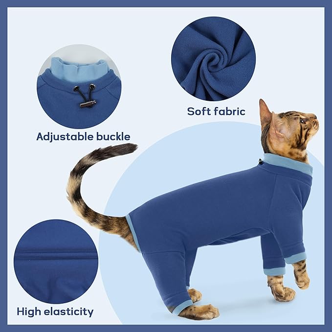 PUMYPOREITY Cat Hair Sticky Sweater, Recovery Suit - Breathable & Lightweight for Post-Surgery Protection, Cat Onsie Prevents Licking Wounds, Blue, 2XL