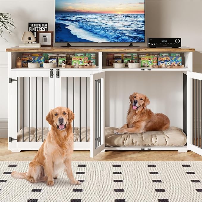 63'' Dog Crate Furniture for 2 Dogs, Wooden Dog Cage with Storage Compartment, Indoor Dog Kennel with 4 Doors for Large/Medium Dogs, White