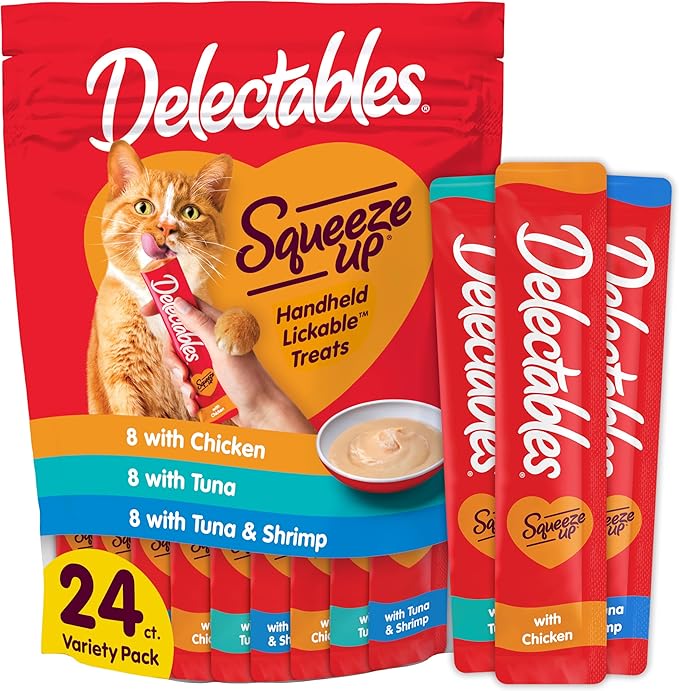 Delectables Squeeze Up Variety Pack, Creamy Squeezable Puree, Lickable Wet Cat Treats, Grain Free, No Added Fillers, No By-Products, No Added Preservatives, 0.5 Ounces Tube, 24 Tubes Total