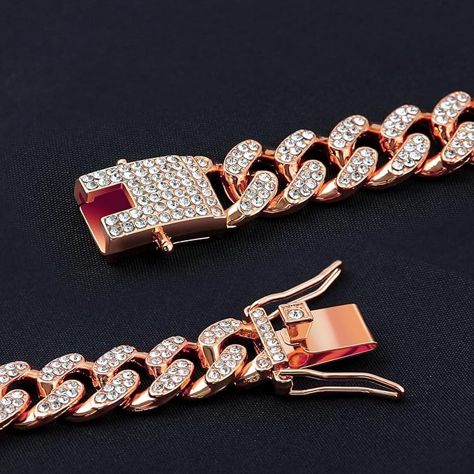 Cuban Link Dog Chain Collar Rose Gold Crystal Dog Necklace Metal with Design Secure Buckle Pet Collar Jewelry Accessories for Small Medium Large Dogs Cats(Rose Glod 18inch)