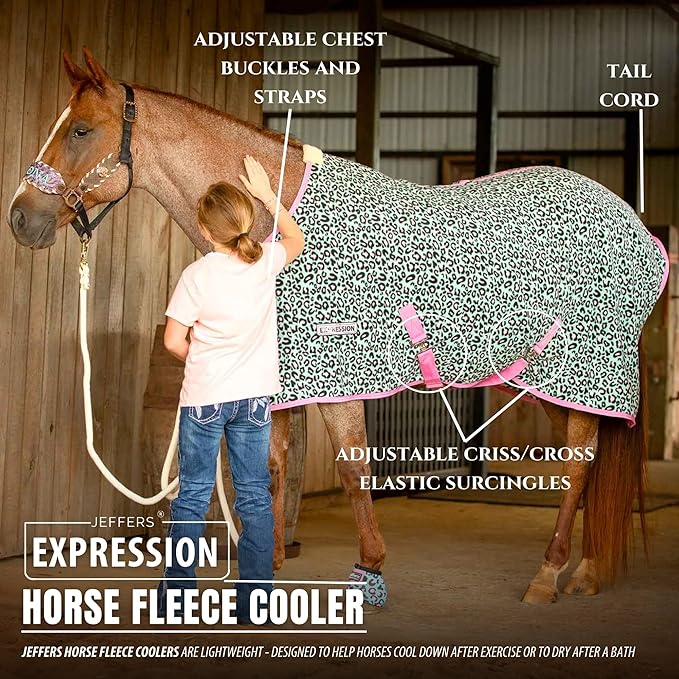 Jeffers Expression Fleece Cooler for Horses, Standard Neck, Party Cheetah 84"- Equine Towel Blanket, Moisture Absorbent, Light Weight, Best for Drying, Exercise, Bathing, Adjustable Belly Bands
