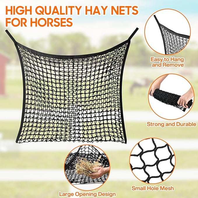 4 PCS Slow Feed Hay Net, Hay Bags for Horses with Large Capacity, Horse Feed Bag Easy to Hang, Hay Nets for Horses for Horse Feeder Full Day Feeding Horses Goat Stall Trailer (31.5" x 35.1")