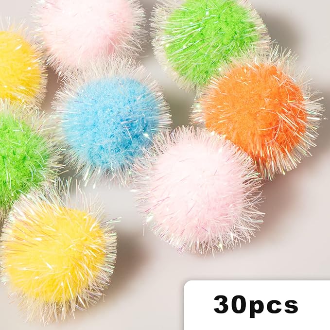 VAPKER 30 Pcs Cat Toys - Extra Large 2 Inch Sparkle Balls, Cat's Favorite Chase Glitter Tinsel Pom Poms, Assorted Colors