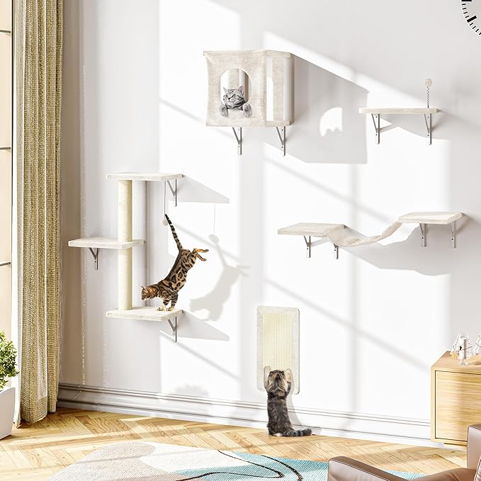 NUNU LAB Cat Wall Shelves Set, 5 Pcs Wall-Mounted Cat Climber with Condo House, Bridge Ladder, Scratching Post, Indoor Cat Furniture Set, Beige