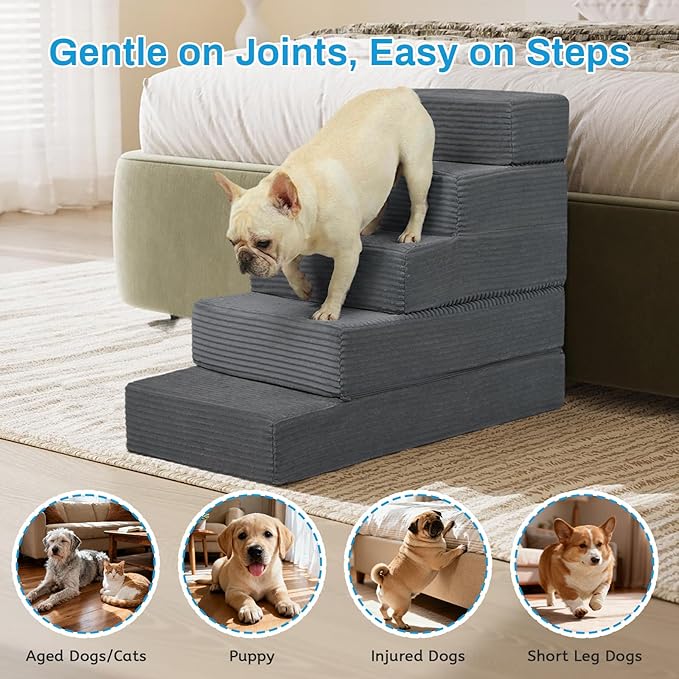 Dog Stairs for Small Dogs, 5 Step Pet Stairs for High Beds and Couch, Dog Steps for Bed Balanced 22.4" H, Foldable Pet Ramp for Large Cats Climb, Non-Slip Bottom Doggy Step, Dark Grey