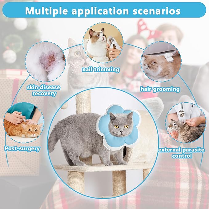 Cat Cone Collar Soft, Waterproof Cats Cones to Stop Licking After Surgery, Adjustable Soft Elizabeth Cats Collars for Wound Healing, Flower Shape Cat Recovery Collar (Blue, Large)