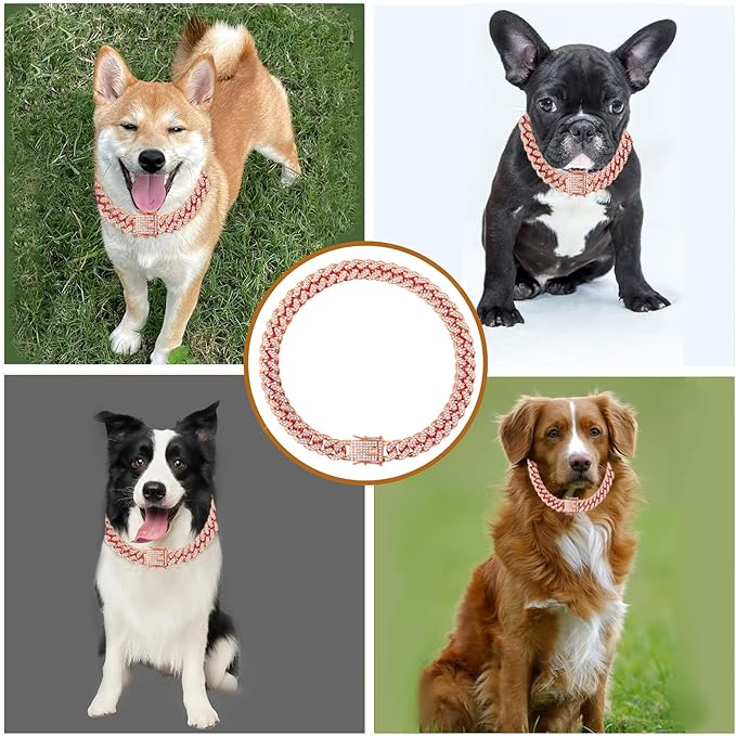 Cuban Link Dog Chain Collar Rose Gold Crystal Dog Necklace Metal with Design Secure Buckle Pet Collar Jewelry Accessories for Small Medium Large Dogs Cats(Rose Glod 18inch)