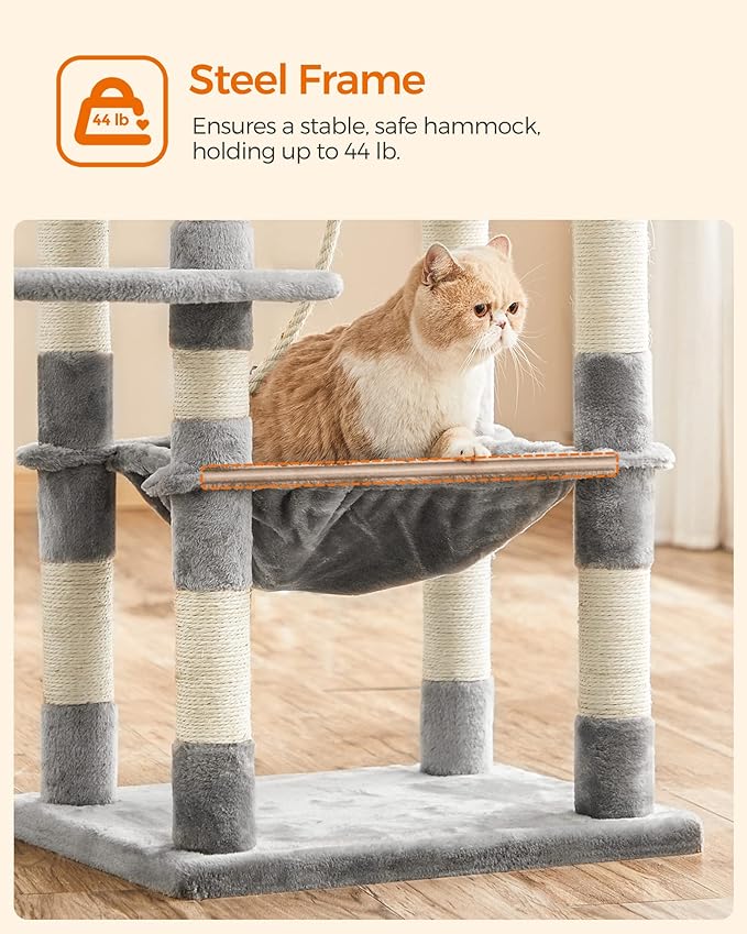 FEANDREA Cat Tree, Cat Tower for Indoor Cats, 56.3-Inch Cat Condo with Scratching Posts, Hammock, Plush Perch, Light Gray UPCT15W