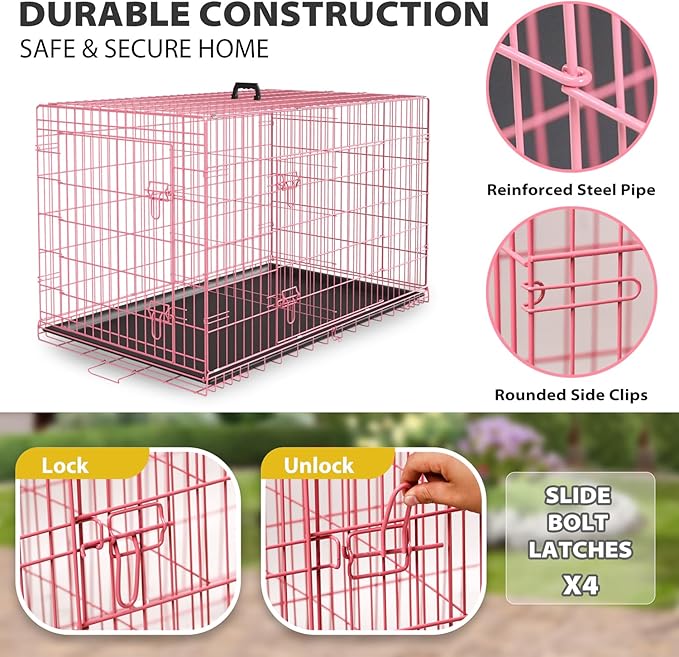 BestPet | Dog Crate | 48" | Pink | Foldable Metal Kennel with Double Doors, Secure Slide-Bolt Latches, Leakproof Tray | Portable Dog Cage for Large Breeds | for Travel, Indoor & Outdoor Use