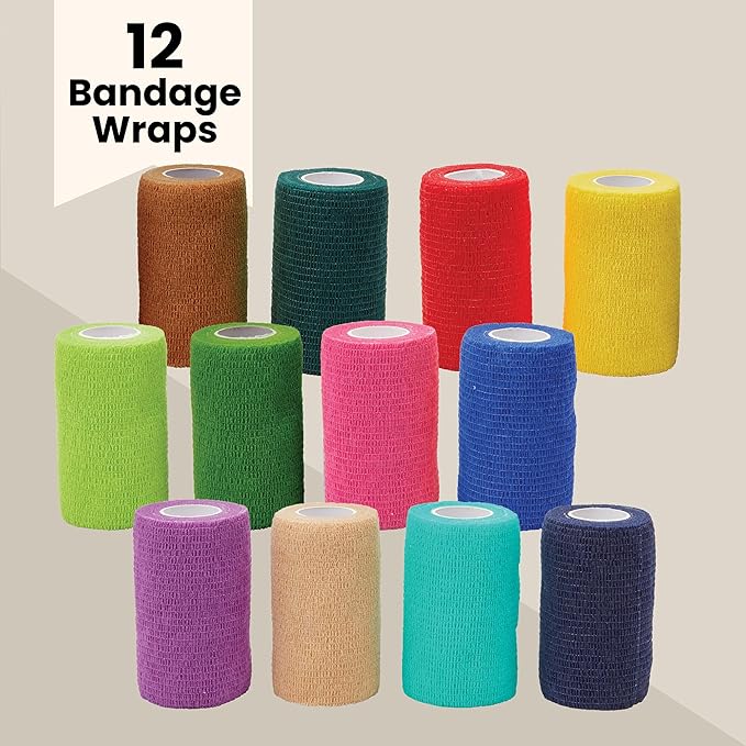 Juvale 12 Rolls Colorful Self Adhesive Bandage Wrap 4 Inch Wide x 5 Yards - Cohesive Vet Tape for First Aid, Sports, Tattoo (12 Colors) - Vet Wrap (Pack of 2)